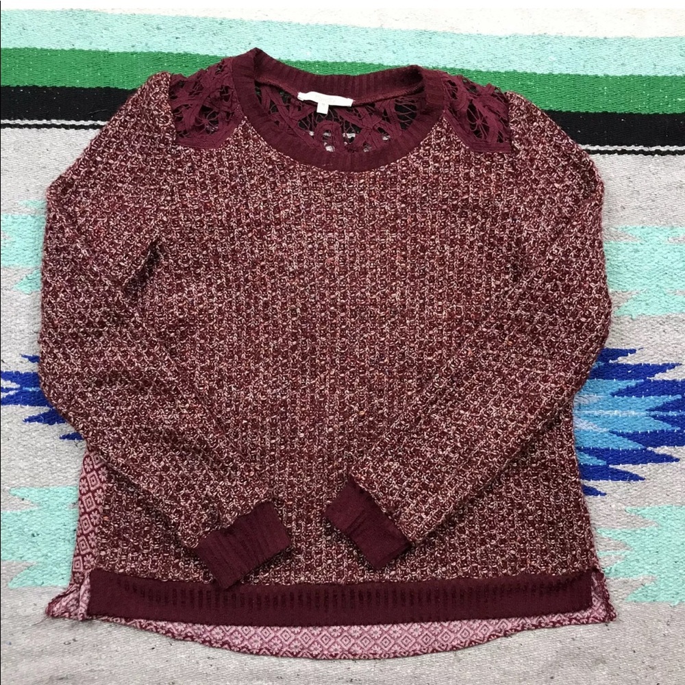 MISS ME Pieced Knit Lace Back Crochet Yoke Shirt M